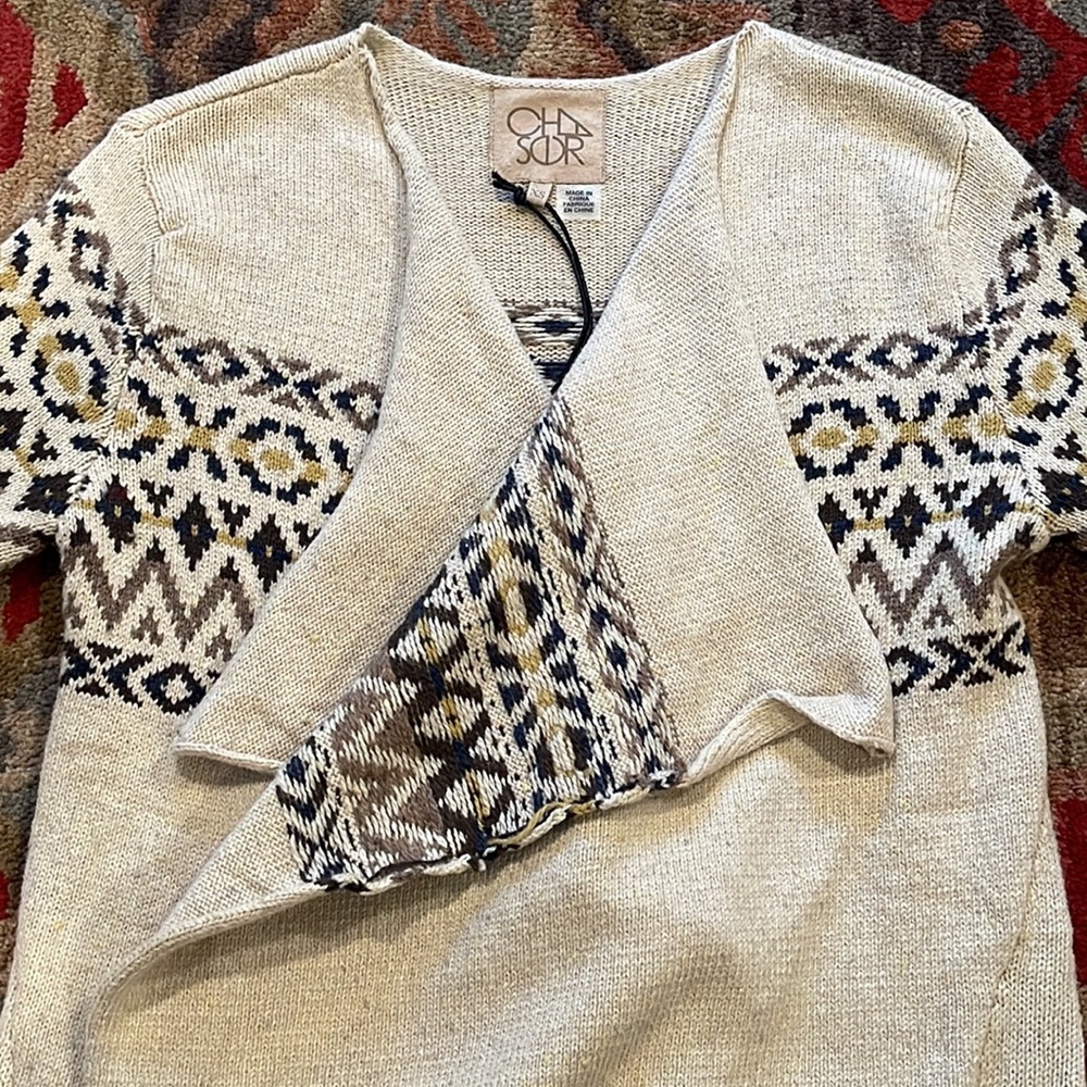 CHASER BOHO TRIBAL PRINT OPEN FRONT DRAPED SOUTHWEST CARDIGAN **NWT** - Picture 6 of 12